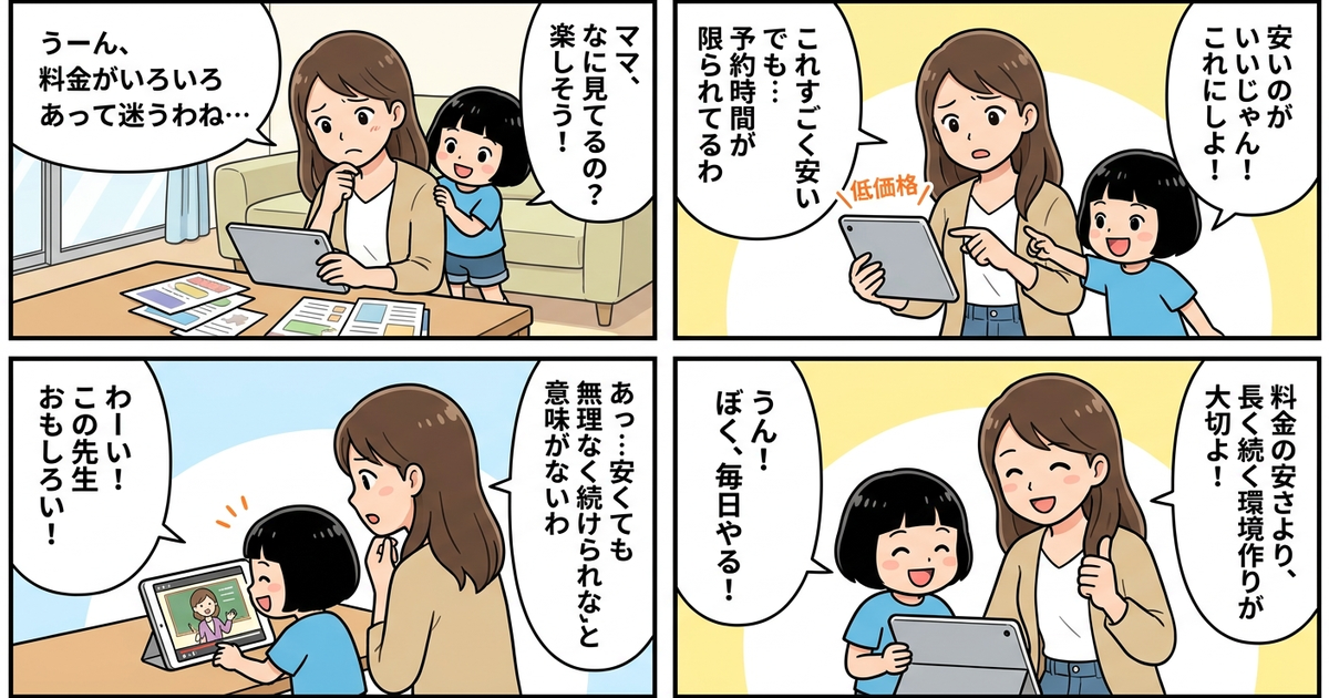 子供 オンライン英会話 料金 相場 安いの結論まとめ4コマ漫画
