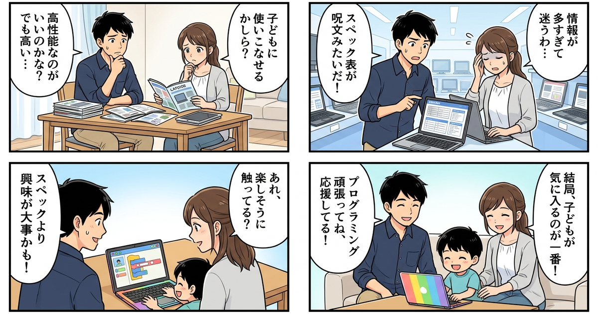 子供 プログラミング パソコン 選び方の結論まとめ4コマ漫画