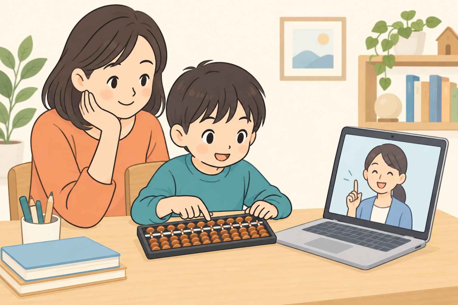オンラインそろばんを親子で学ぶイメージ