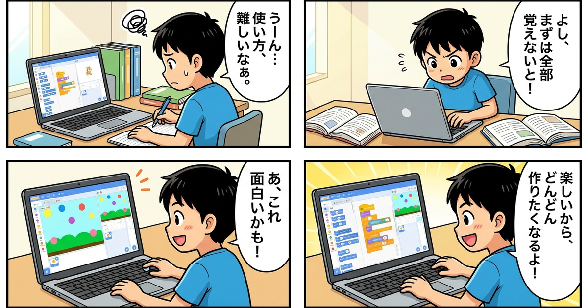 子供 スクラッチ プログラミング 使い方 独学の結論まとめ4コマ漫画