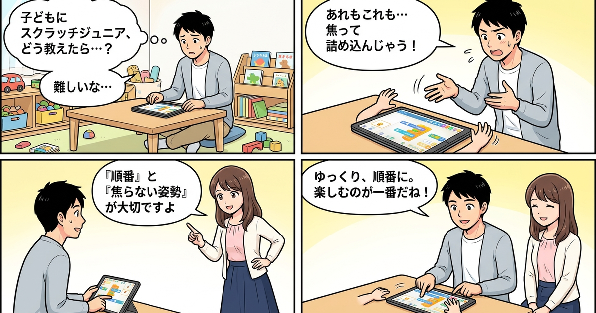 スクラッチジュニア 使い方 幼児 低学年の結論まとめ4コマ漫画