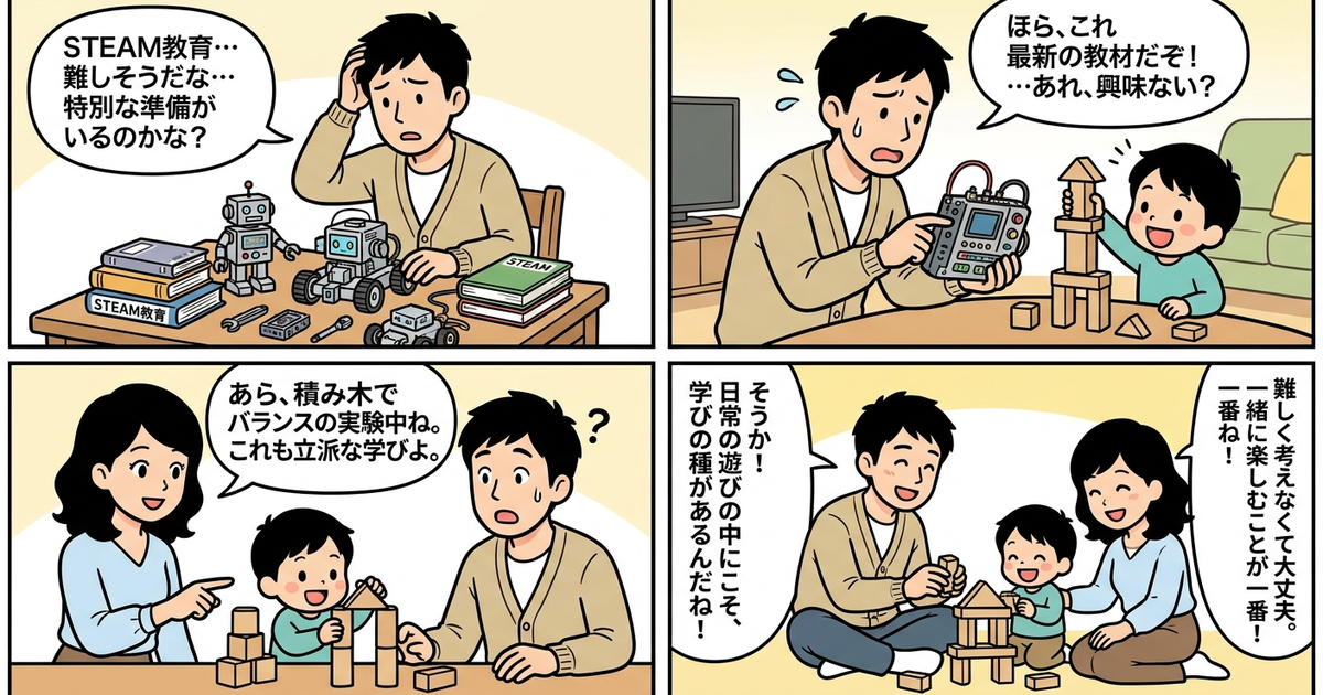 STEAM教育 とは 家庭 実践方法の結論まとめ4コマ漫画