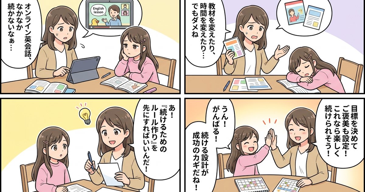 子供 オンライン英会話 効果 続かないの結論まとめ4コマ漫画
